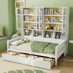 Wooden Daybed With Glass-Door Storage Cabinets, Built-In Led Lighting And Shelves