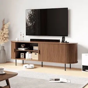 Mid-Century TV Stand with Tambour Door, Modern Fluted Media Console