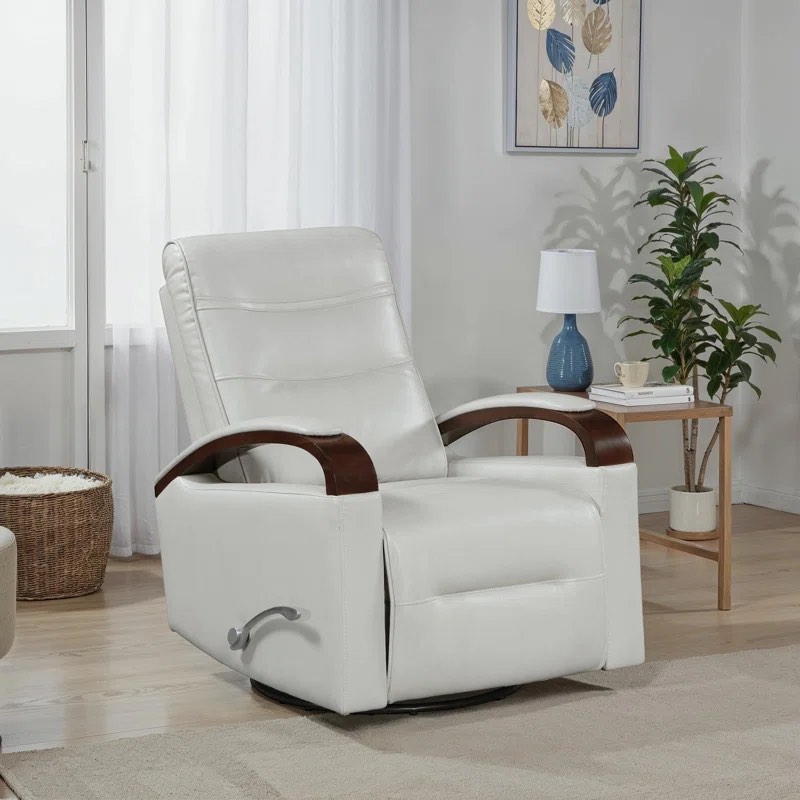 Selkirk 31.5" Modern & Contemporary Recliner - Faux Leather Swivel Glider Recliner with Light Wood Arms.