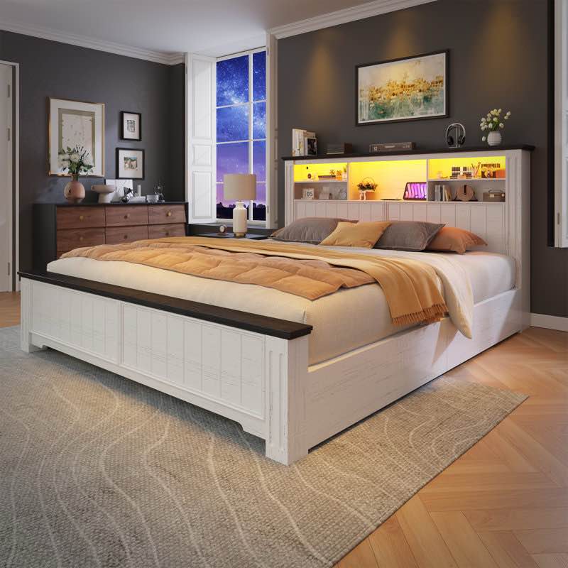 Farmhouse Storage Bed Frame With Headboard & Led Light & Usb, 4 Drawers Under Bed, Built In Charging Station, No Noise, No Box Spring Needed( Incomplete box 1)