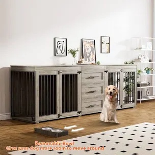 Large Furniture Style Wooden Dog Crate With 3 Drawers And 2 Dog Bowls (Only box 1 of 4) Incomplete 