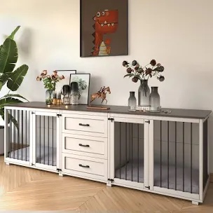 large furniture style wooden dog crate with 3 drawers and 2 dog bowls