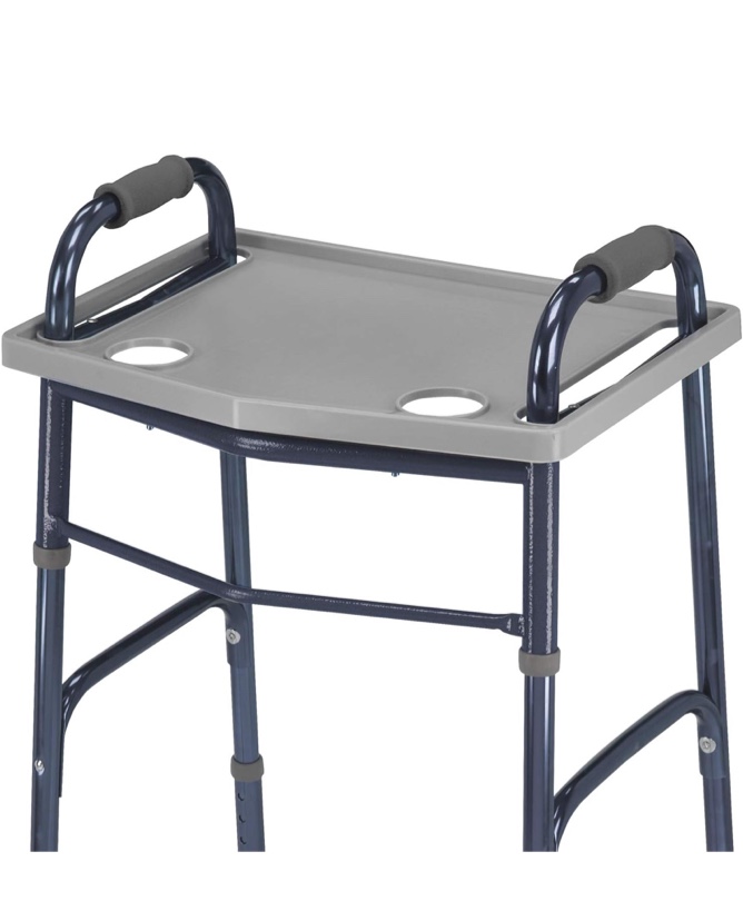 dmi walker tray with cup holders, walker tray for folding walkers, mobility accessory for seniors, tray table for standard walkers, multipurpose and portable, gray