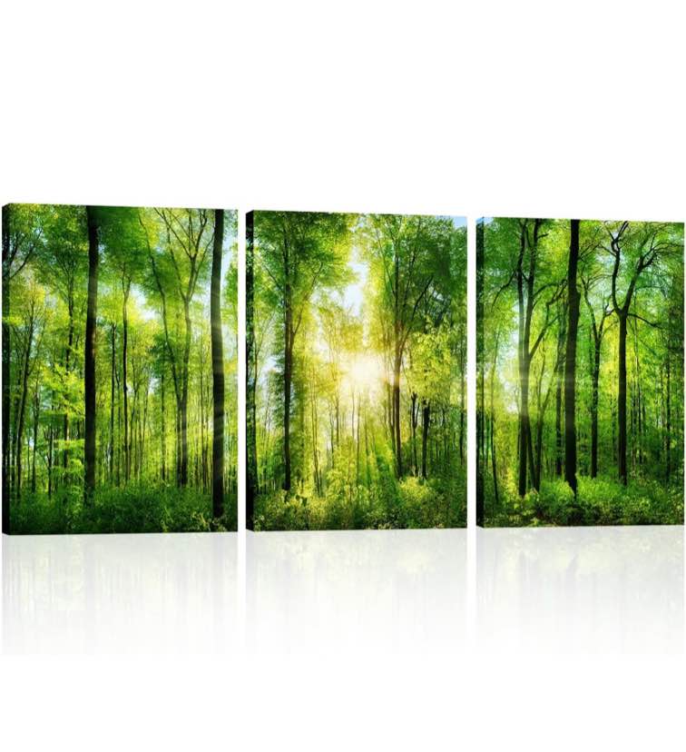 green forest canvas wall art: large nature wall art tree pictures sunrise landsapce art framed scenery wall mural painting wall decor for bedroom living room office(3 panel,16 x 24 inch)