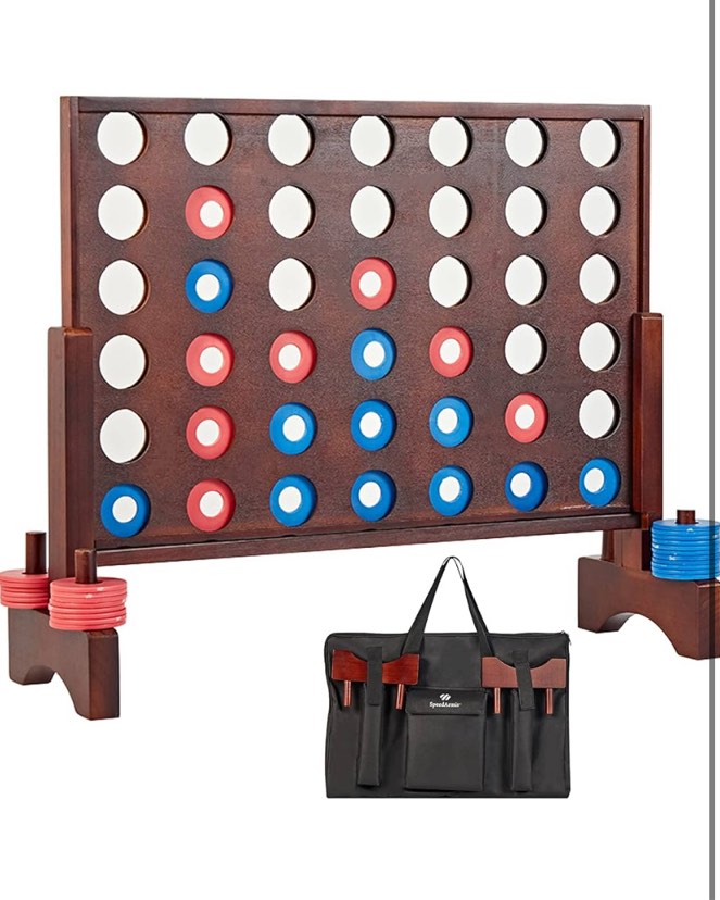 giant wooden 4 in a row game - fun indoor and outdoor board games for teens, includes 42 pcs dics and carrying bag