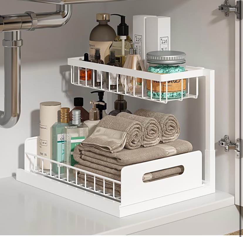 REALINN Under Sink Organizer, Pull Out Cabinet Organizer 2 Tier Slide Out Sink Shelf Cabinet Storage Shelves, Under Sink Storage for Kitchen Bathroom Cabinet, White, 1 Pack