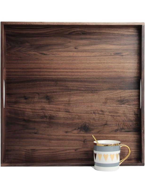 magigo 19 x 19 inches large square black walnut wood ottoman tray with handles, serve tea, coffee classic wooden decorative serving tray
