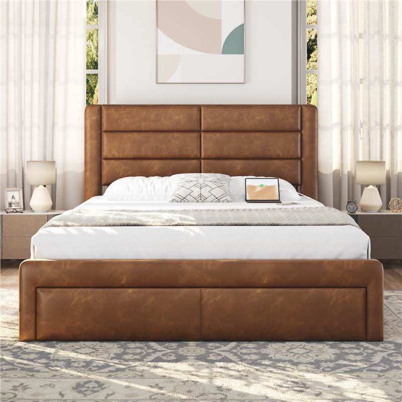 avelle vegan leather metal platform storage bed with 3 storage drawers and built-in usb ports
