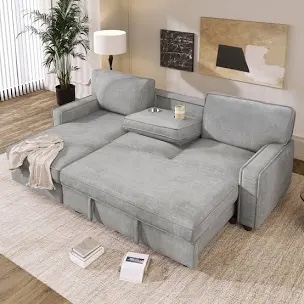 finkle 89 inch upholstery sleeper sectional sofa with storage chaise, sleeper sofa bed with usb port, 2 cup holders on back cushions