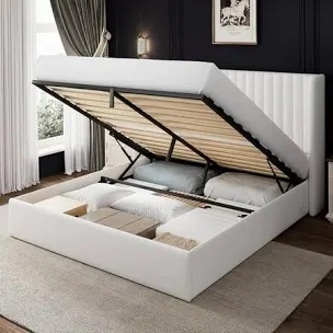 White Upholstered Lift Storage Bed Frame