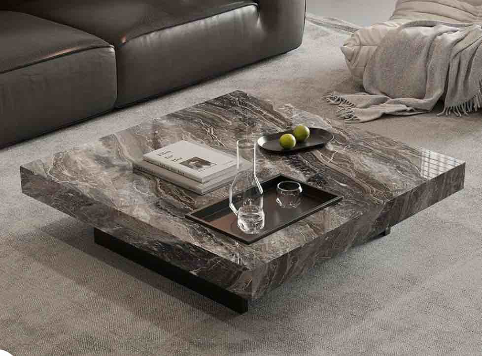 42“ Square Coffee Table with Glossy Sintered Stone Table-top, Modern Coffee table with Stainless steel legs for Living Room