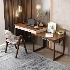 High-quality home office desk, extendable to 70'', retractable L-shaped desk, white waxed wood base