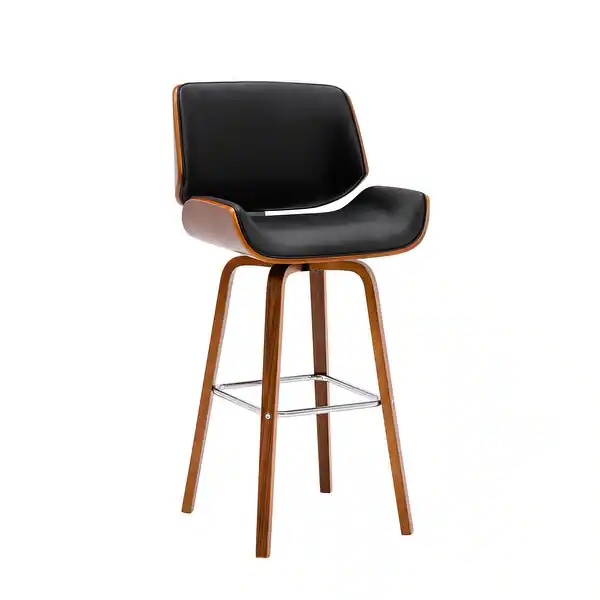 Porthos Home Oma Swivel Bar Stool, PU Leather, Wooden Legs with Footrest - Black