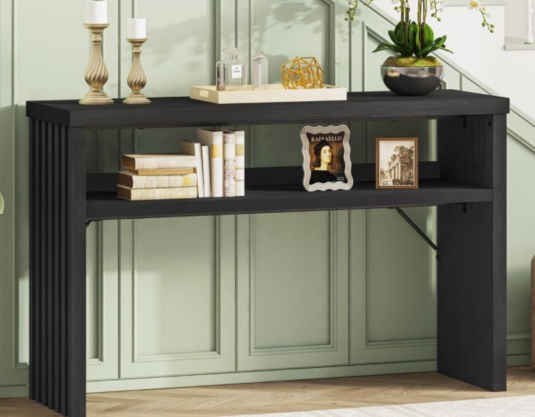 BON AUGURE Console Table with Storage, Black Entryway Table, Wooden Couch Tables Behind Sofa for Living Room, 2 Tier Front Door Entrance Tables (Black Oak, 47 Inches)