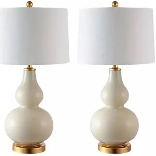 safavieh lighting collection karlen modern contemporary cream/ gold leaf double gourd 29-inch bedroom living room home office desk nightstand table lamp set of 2 (led bulbs included)