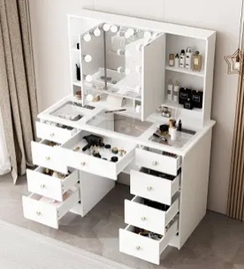 Makeup Vanity with Mirror Led&Outlet, White Vanity Dressing Set with Storage Stool for Girl Bedroom