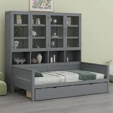 (Missing boxes box 2/3)Wooden Daybed With Glass-Door Storage Cabinets, Built-In Led Lighting And Shelves