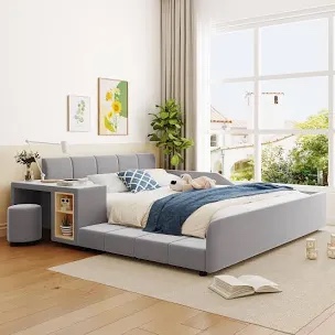 Grey Upholstered Grounded Bed With Thick Fabric
