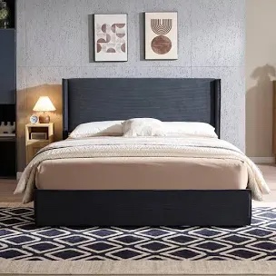 black Upholstered Wingback Platform Bed With Trundle And Drawers