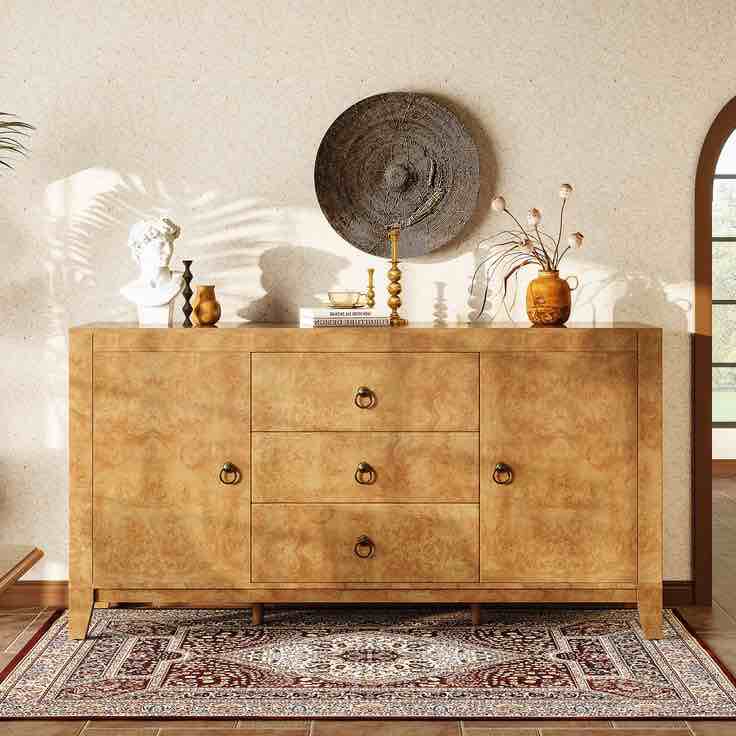 Dorne 60" Modern High Gloss Burl Sideboard with Adjustable Shelves