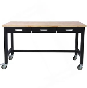 60In Work Bench, Workbench With Drawer Storage, Heavy Duty Bamboo Wood Work Table With Wheels For Garage Home Office