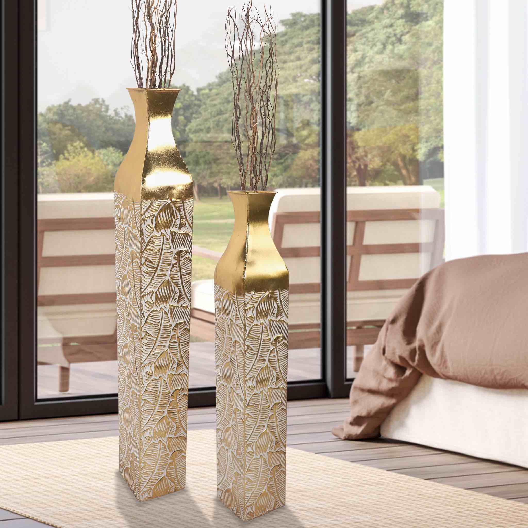 Miasophia Modern Decorative Metal Tall Vase, Gold Living Room Decor, 42" and 35" Pots for Pampas Grass