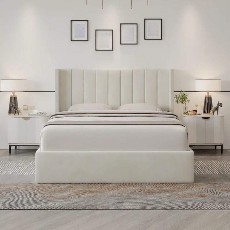 krissandra upholstered high headboard storage bed w/hydraulic gas lift, wood slat system & under bed storage