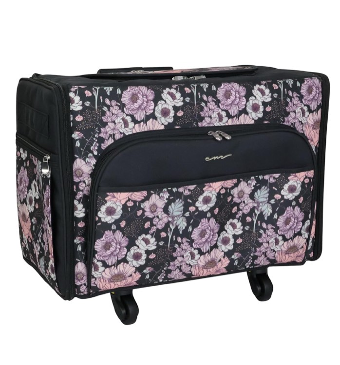 everything mary xl flat-top rolling sewing machine case – purple flower craft bag with wheels – portable storage organizer for sewing, scrapbooking & craft supplies