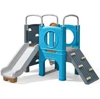 step2 scout & slide climber toddler playset – toddler play gym with elevated kids playhouse, kids slide, two climbing walls, steering wheel, and metal bars – dimensions 72.5" x 70" x 55.75"