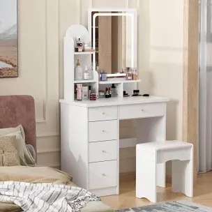 Vanity Desk With Llight Sliding Mirror And 5 Drawers, Makeup Vanity Table Set For Bedroom