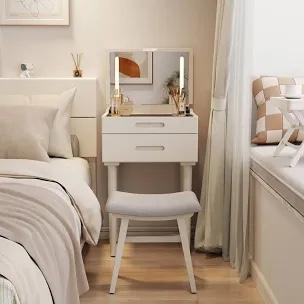 WHITE  Solid Wood Vanity Desk with Flip Top Mirror & Lights, Small Makeup