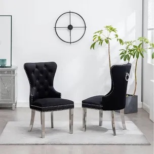 2x Belgravia Black Velvet Knockerback Dining Chairs(Silver Leg) SKU: 2-BLK-BEL-CHR-SIL