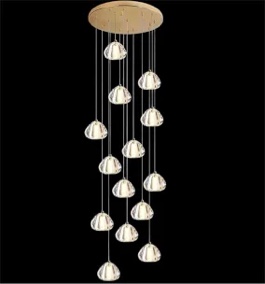 42w raindrop pendant 14 light chandelier, round brass ceiling mount with round clear cut crystal pendents
