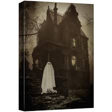 Moody Skull "Ghost In Front Of Haunted House  Illustrations Canvas Print Art Work Halloween Decor "