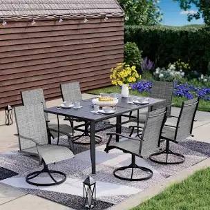 7 Piece Patio Dining Set, Outdoor Dining Table And Chairs Set For 6, 6 Textilene Chairs, 1 Iron Rectangular Table With Adjustable Umbrella Hole (1.57"-1.97"), Patio Furniture Set For Deck, Backyard, Lawn, Poolside, Brown/gray/blue