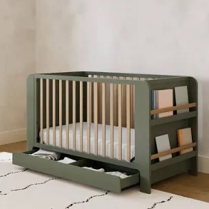 graco read-with-me 4-in-1 convertible crib with drawer (olive with driftwood) - greenguard gold certified converts to toddler bed, daybed, and functional bookshelves