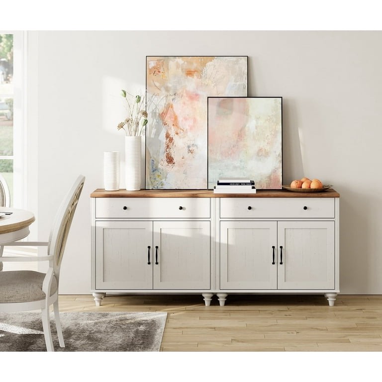 WAMPAT Large Buffet Cabinet with 4 Doors and 2 Drawers, Modern Coffee Bar Tables Wood Kitchen Storage Cabinets with Adjustable Shelf, Farmhouse Sideboard Credenza for Dining Room, Off White, 68 inch