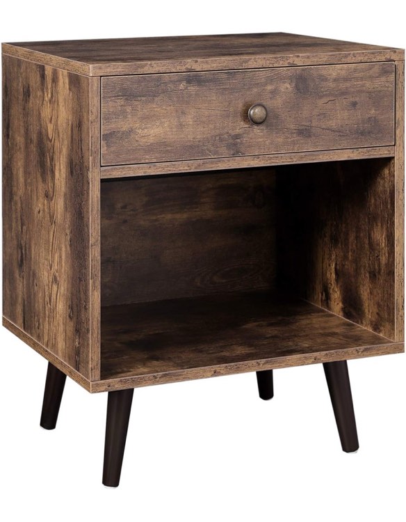 VASAGLE Nightstand with Drawer and Open Compartment, Small Bedside Table with Pine Wood Legs, for Living Room Bedroom, 50 x 40 x 58 cm, Rustic Brown LET71BX