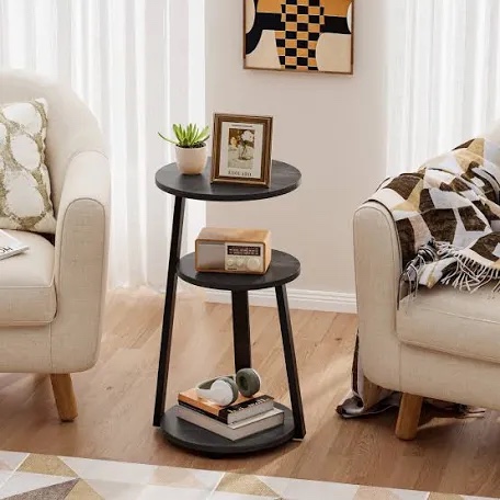 Vernestine Round End Table Side Table with 3-Tier Shelves