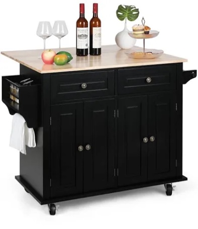 43.3" Wide Rolling Kitchen Island with Storage and Solid Wood Top