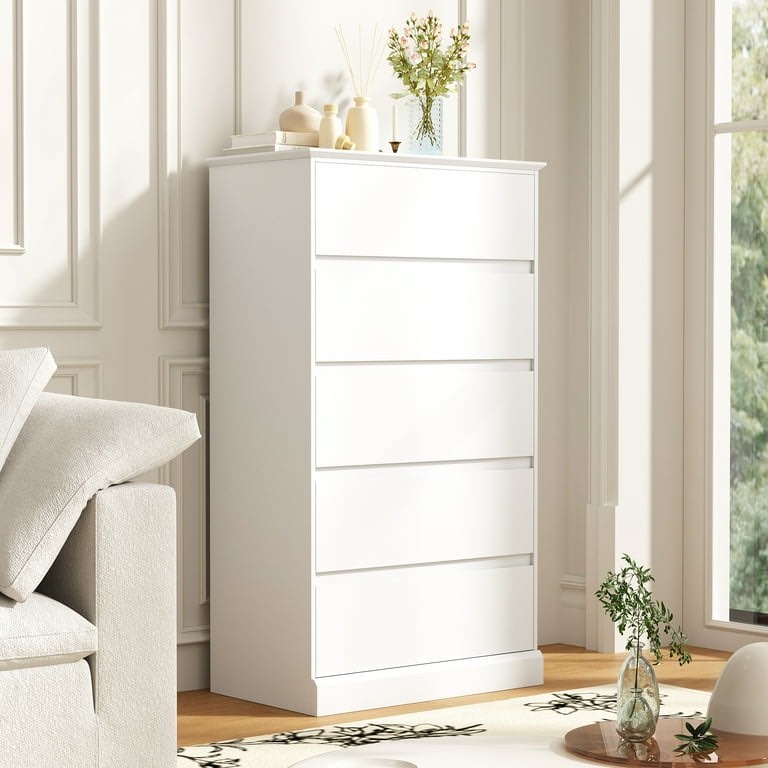 5 Drawer Dresser for Bedroom, 15.8" D x 27.6" W x 48.4" H in Simply Modern Chest of Drawers, Wood Storage Dresser with Deep Drawers for Living Room Hallway Entryway, White