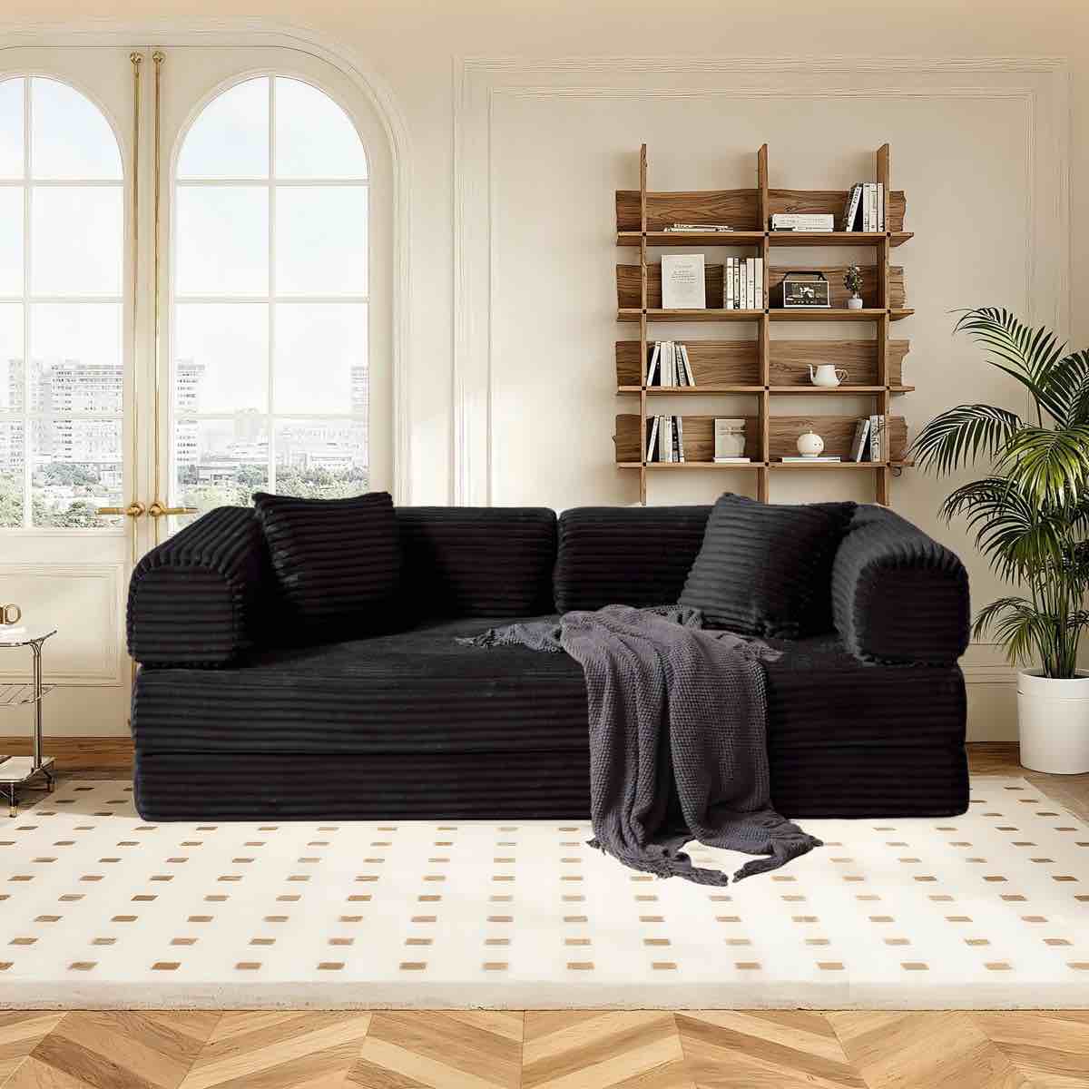 78" King Size Convertible Sleeper Sofa Bed With 2 Pillows, Corduroy Folding Mattress Couch, No Assembly Required , Floor Sofa Lounge Couch For Living Room Small Spaces