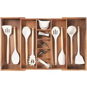 premium silverware, flatware and utensil organizer for kitchen drawers, expandable 16 to 28 inches wide, 10 compartments, food-safe premium acacia wood finish kitchen storage tray