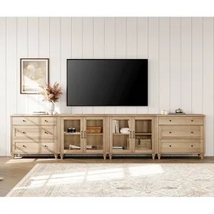 farmhouse tv stand for tvs up to 100 inch, 4 in 1 entertainment center tv console with storage cabinets and glass doors,media console for living room