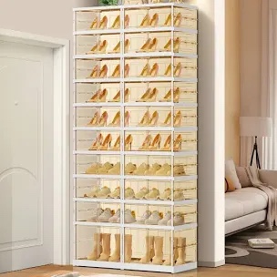10-Tier 20-40 Pairs Plastic Stackable Shoe Storage Cabinet For Entryway Easy Assembly