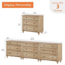 Scarlett 3-in-1 Oak Dressers With 9 Wide Chest Of Drawers, Large Wood Dressers For Living Room, Nursery, Hallway
