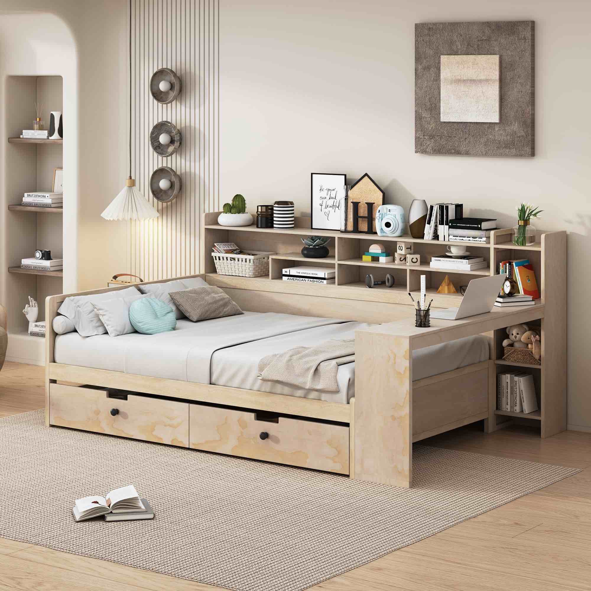 Full Size Daybed with Storage Shelves, Wood Full Bed Frame with 2 Storage Drawers and Study Desk, W/Wooden Slat Support,for Bedroom,Living Room,Apartment,Natural