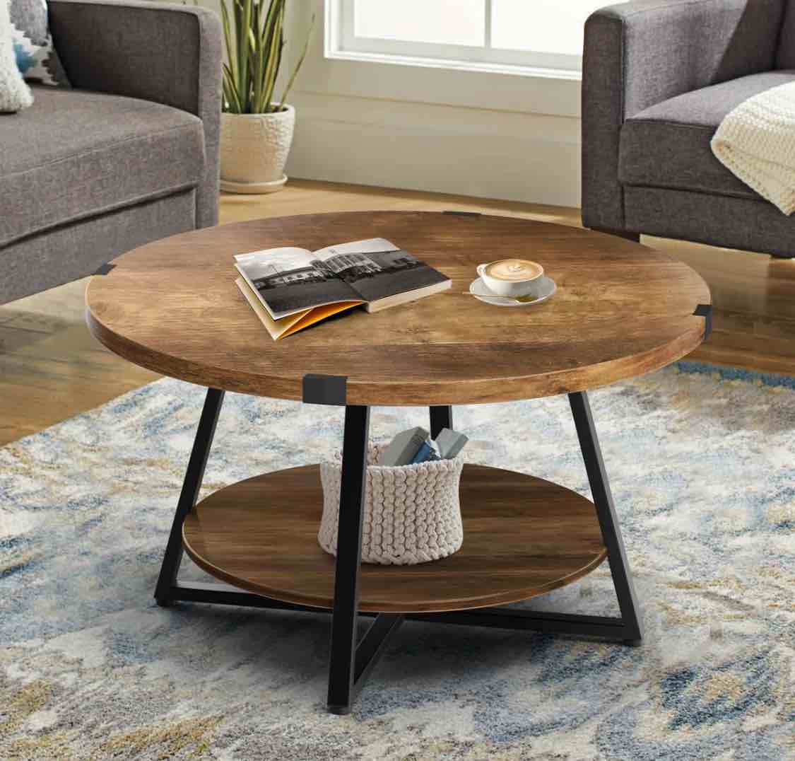 jahaira round coffee table with 2-tier storage shelves