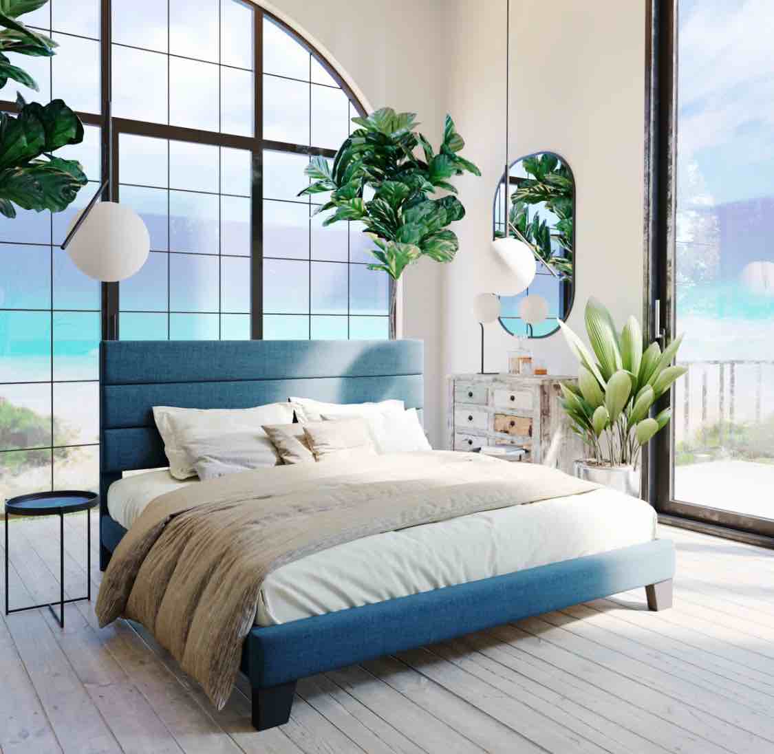 elison platform bed with fabric upholstered headboard and wooden slats