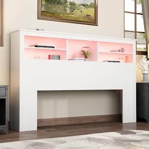 Modern Wooden Bookcase Headboard with Adjustable LED Lights and Charging Station – Available in Queen & King Sizes